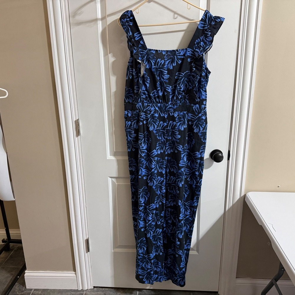 Who What Wear Jumpsuit Womens XL Blue Black Floral Linen Blend Ruffle Tie Back